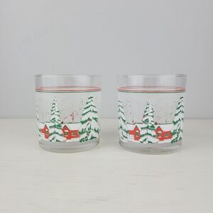 Vintage Libbey Culver Celebrations Glasses Snowy Frosted Cabin In The Forest